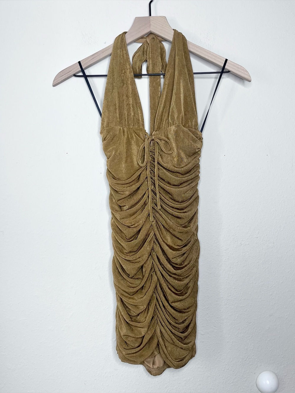 Hello Molly Metallic Gold Ruched Halter Mini Dress Sz 6 V-Neckline Cocktail NWT